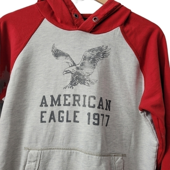AMERICAN Eagle Logo Hoodie Vintage Classic Fit Unisex Size S Red and Grey - Picture 2 of 8